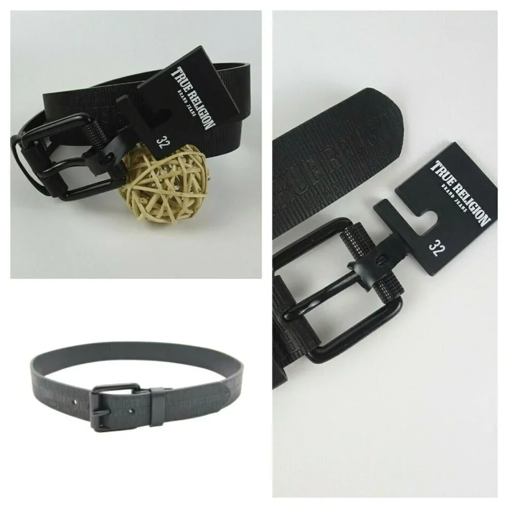 New TRUE RELIGION Men's Embossed Van Belt Matte Black Faux Leather Textured 32
